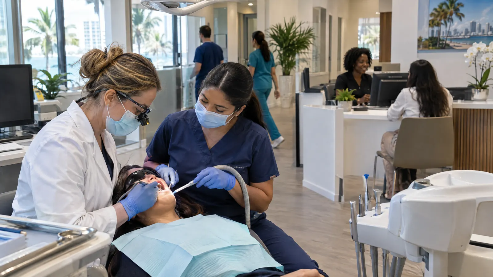 Una clínica dental con varios profesionales atendiendo a sus pacientes