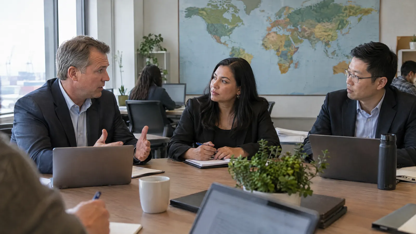 Import-export executives in a strategy meeting