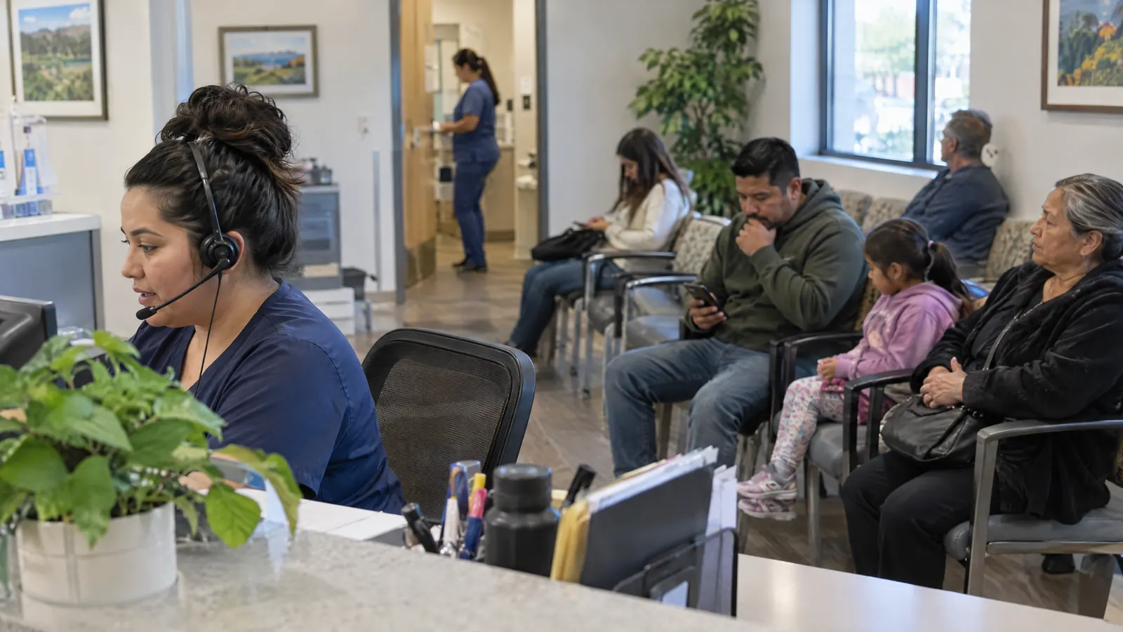 La recepcionista de un consultorio médico atendiendo llamadas mientras los pacientes esperan