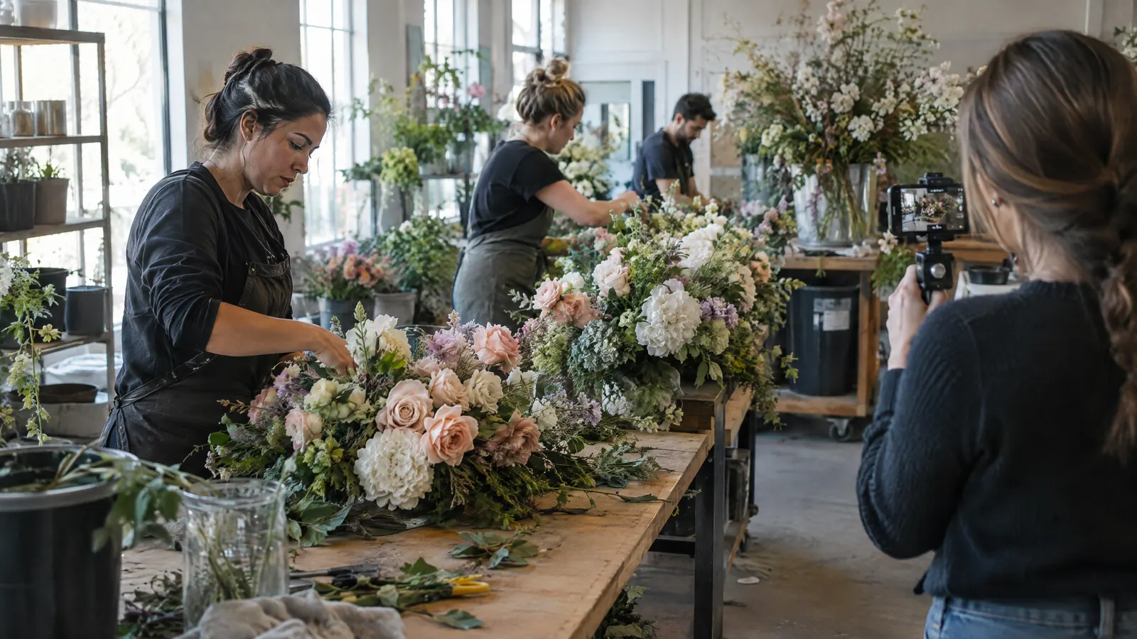 El taller de una empresa de flores para eventos grabando contenido para redes
