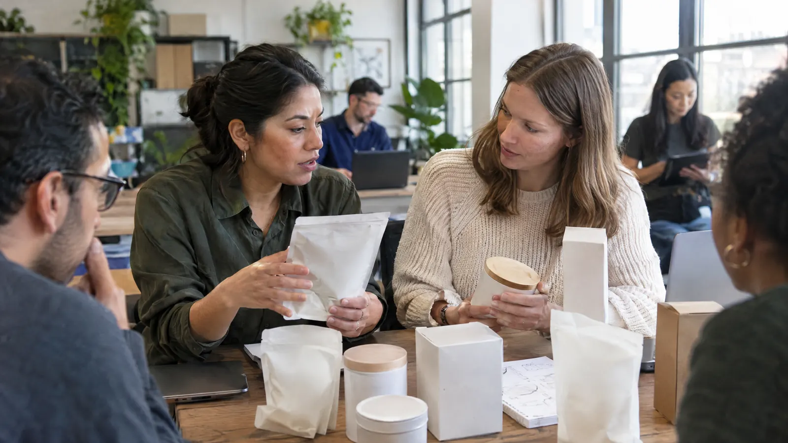 A food distributor's brand team reviewing packaging prototypes