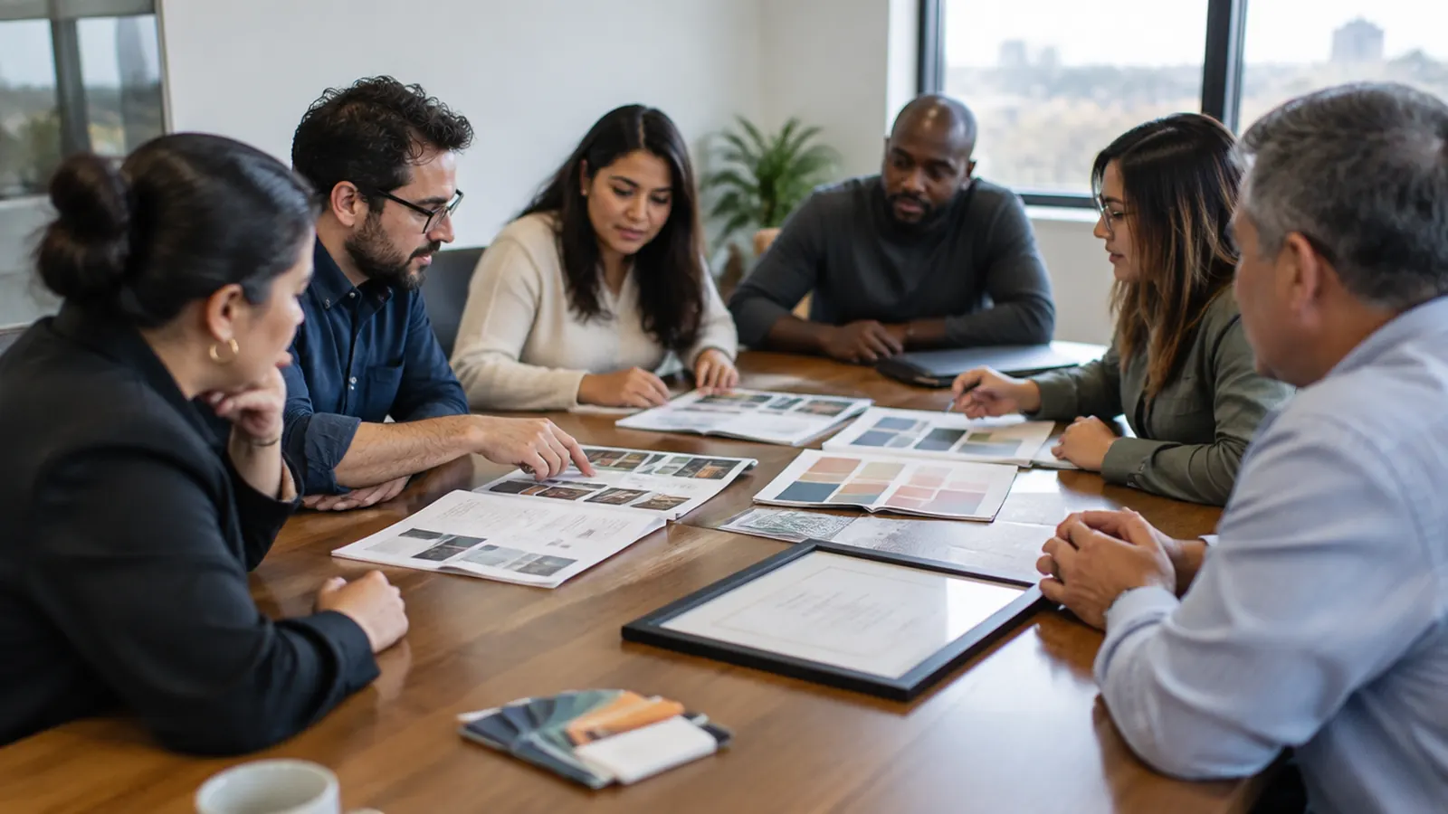 A company team reviewing color swatches and a framed document in a conference room