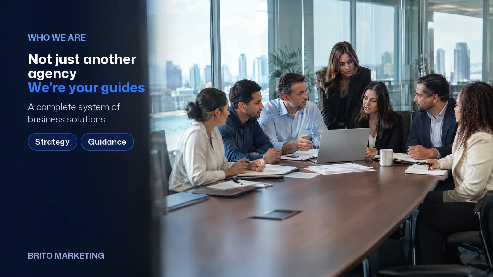 Cover with an illustrative AI-generated photo: a mid-size, multicultural Brito Marketing team meets with a company's owners around a table in their office