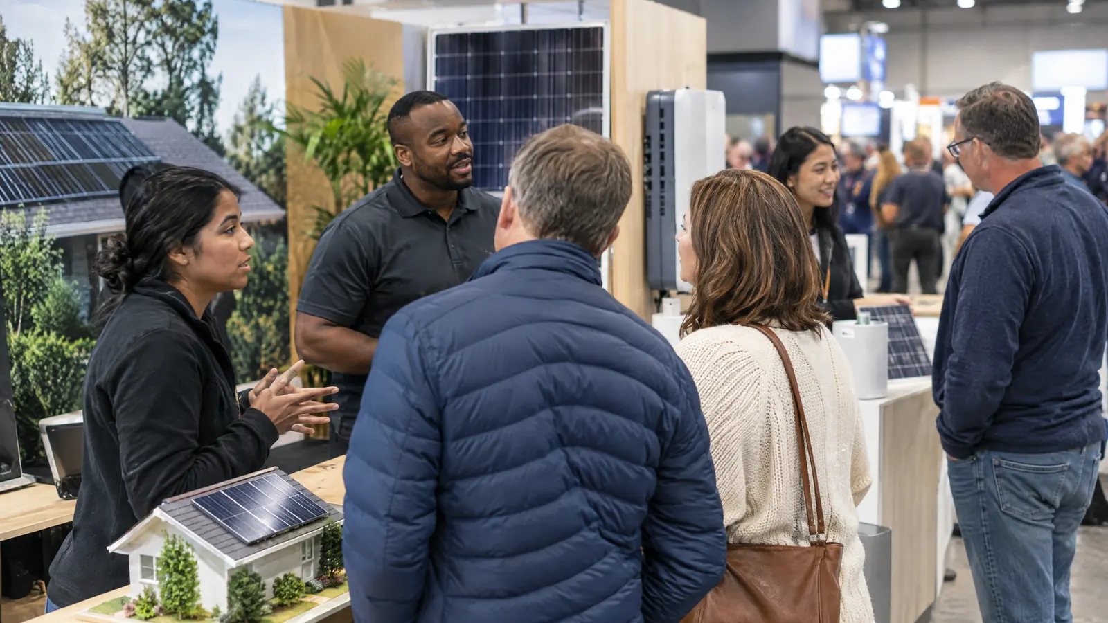 El equipo de una empresa solar atendiendo su stand en una feria