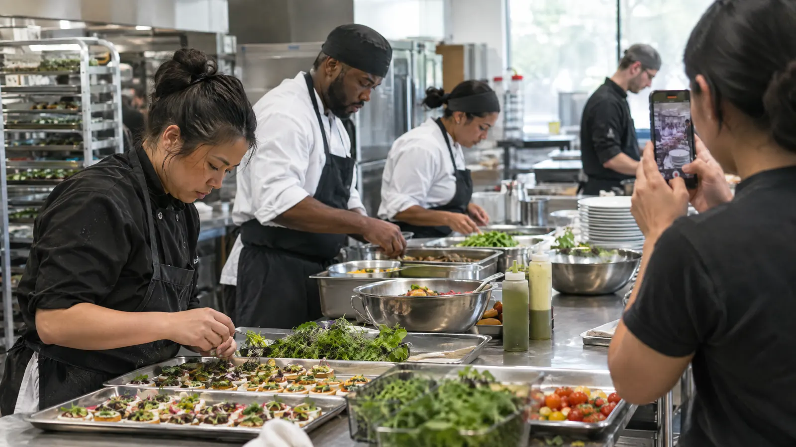 La cocina de una empresa de catering grabando contenido real