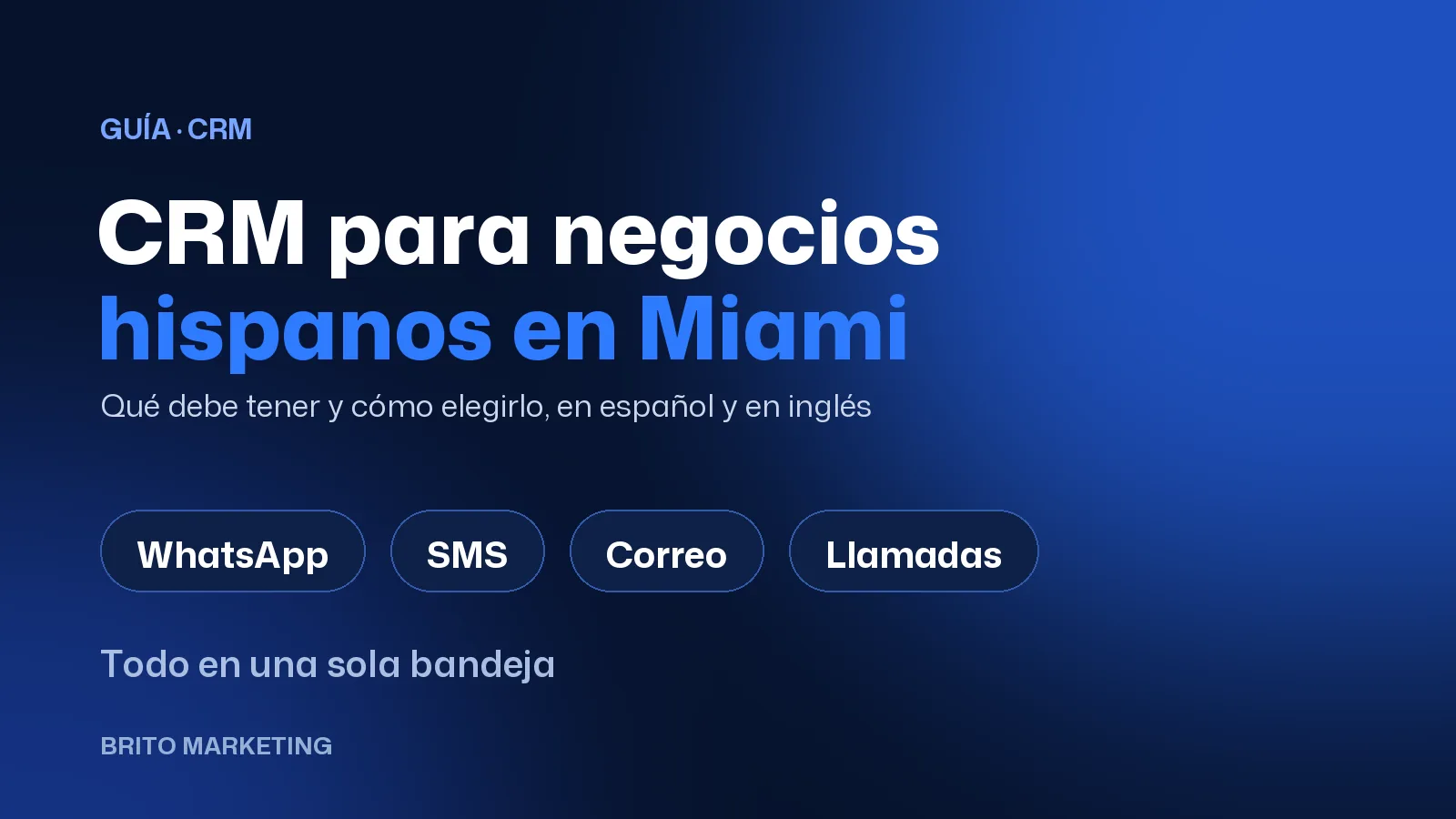 Brito Marketing graphic cover: “CRM for Hispanic businesses in Miami”, with WhatsApp, SMS, email and calls in one inbox