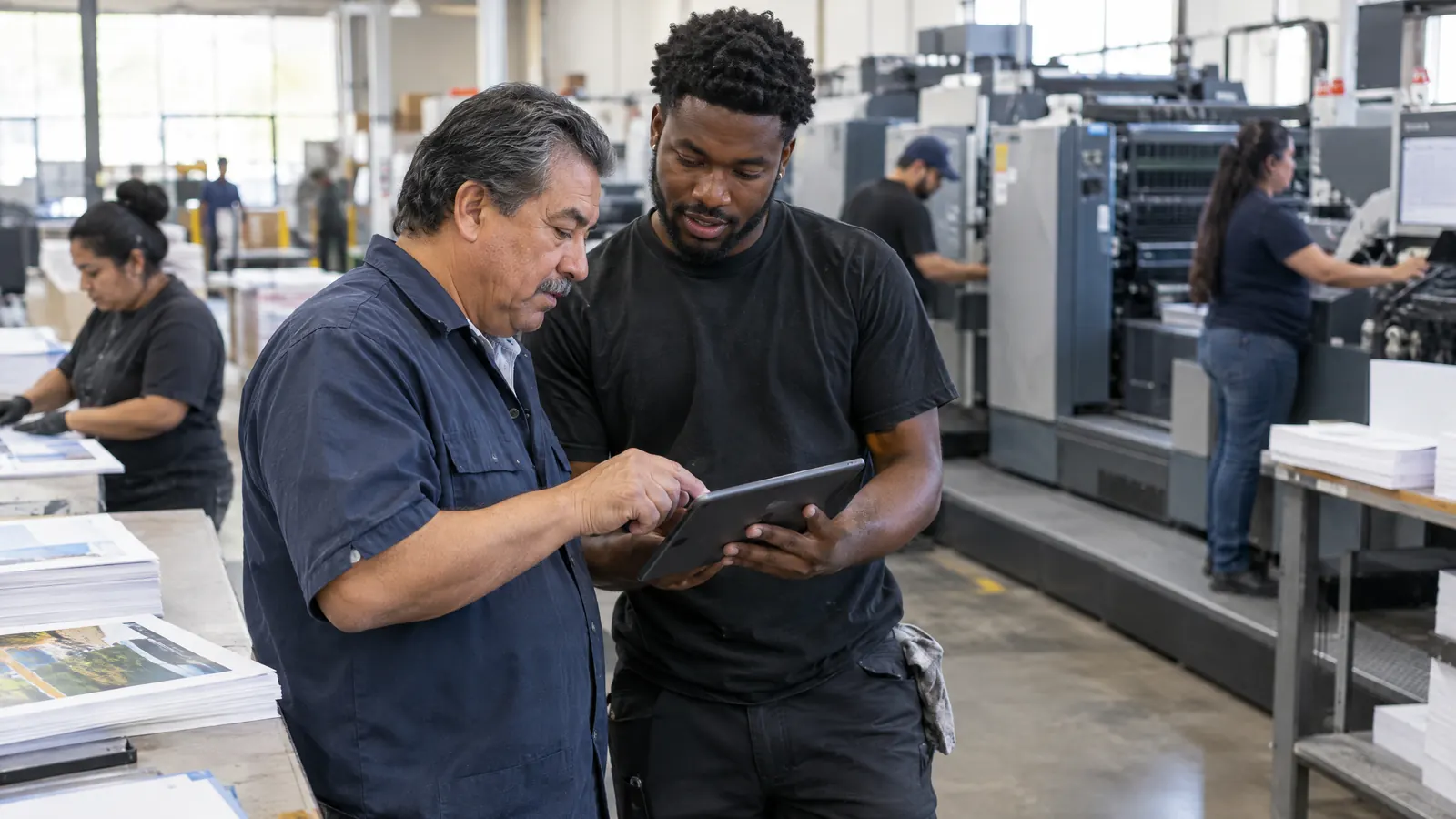 A printing company's owner learning a digital system from an employee