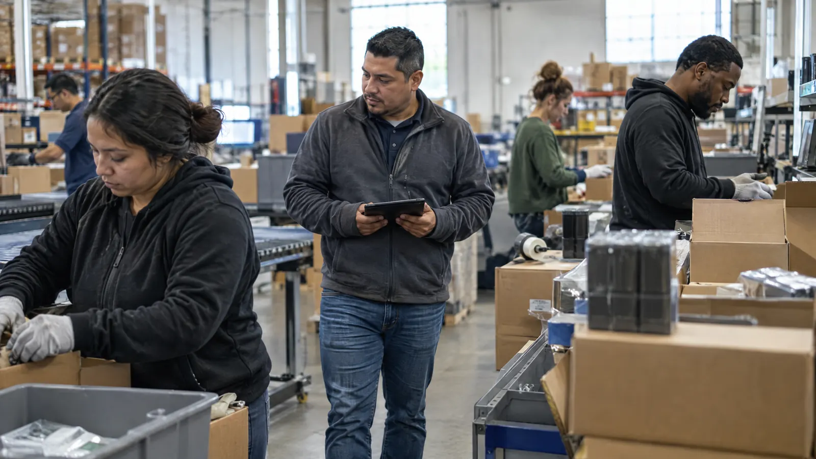 An online retailer's warehouse packing orders