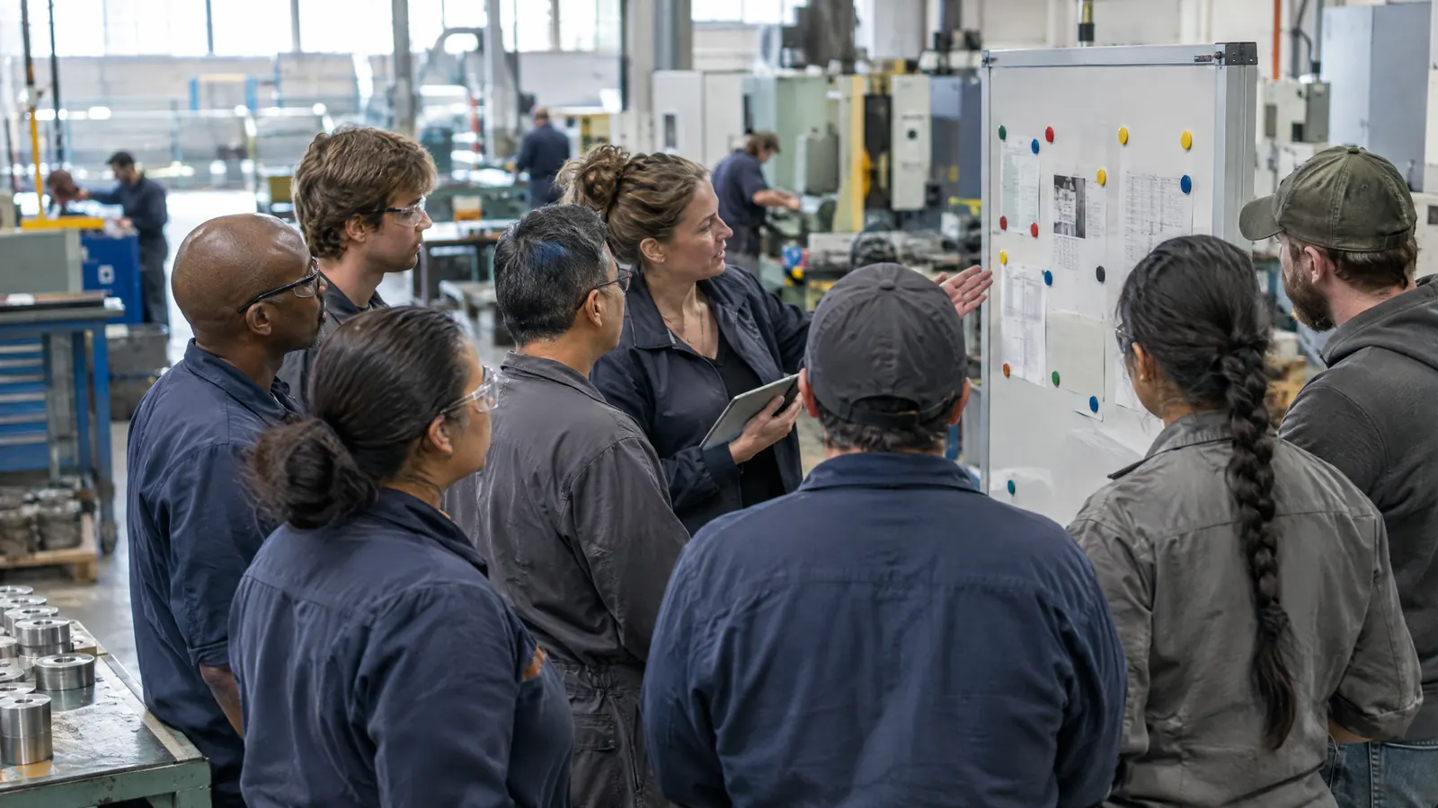 Reunión rápida de un equipo de producción en una fábrica