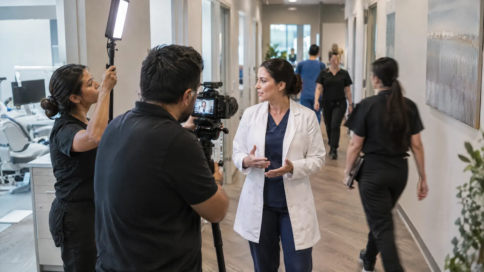 A dental group's team filming a short video in its hallway