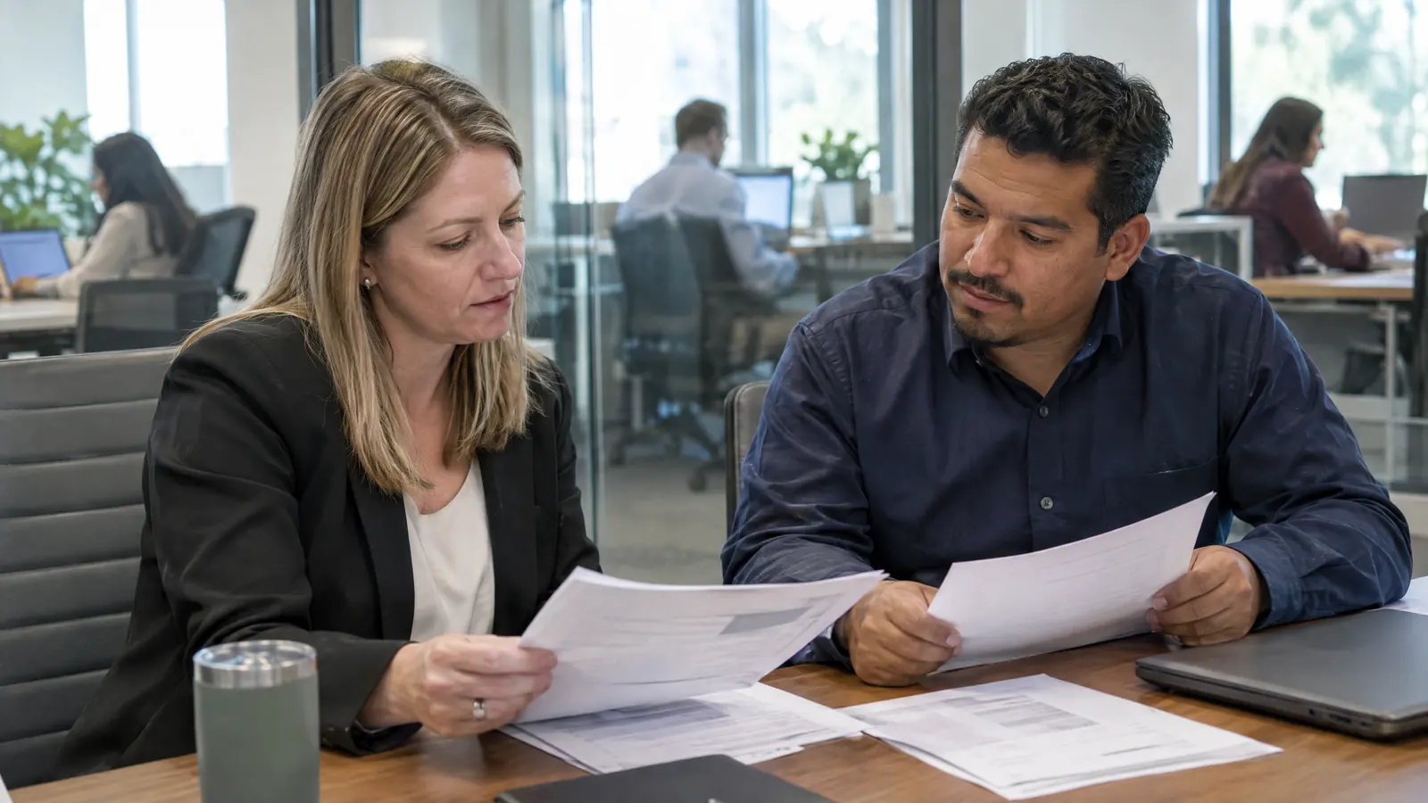 A lender's compliance and marketing managers reviewing documents