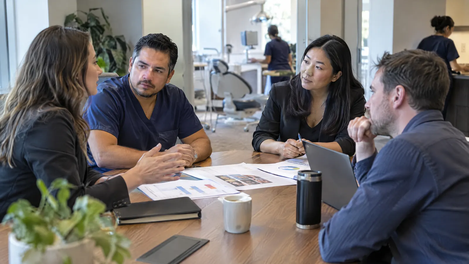 A dental group's leaders deciding with their marketing advisors