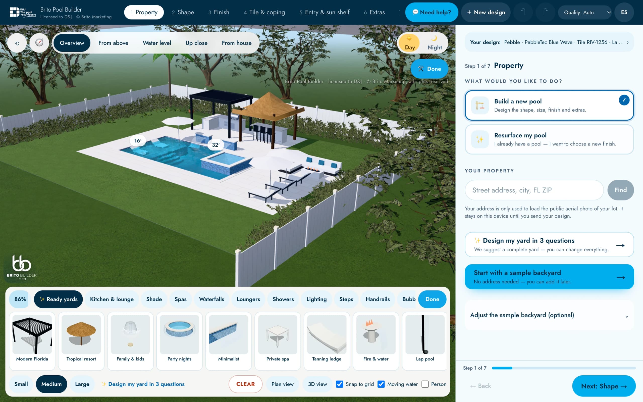 Brito Pool Builder en el ordenador: el patio en 3D con la piscina, la pérgola y los pasos del diseño