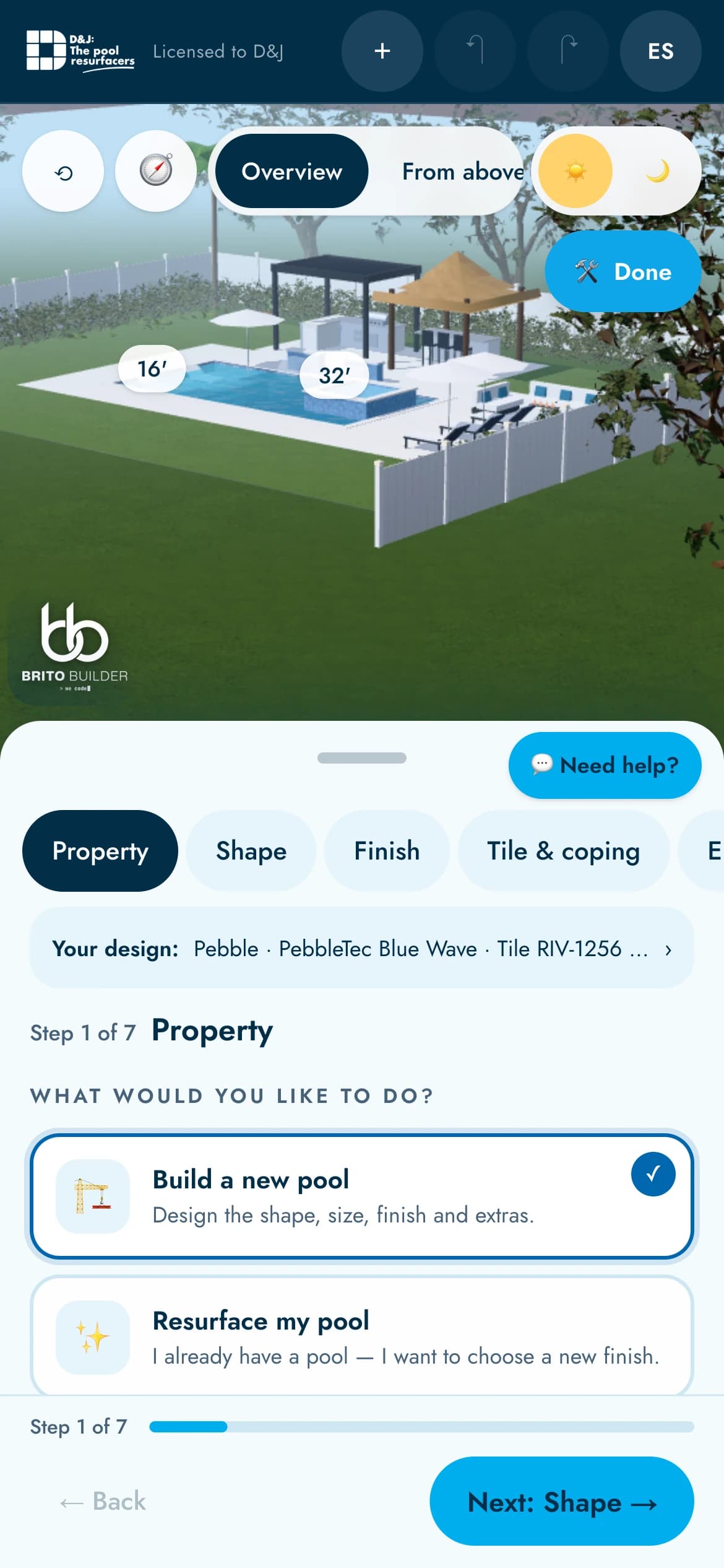 Brito Pool Builder en el teléfono: el patio en 3D y el primer paso del diseño