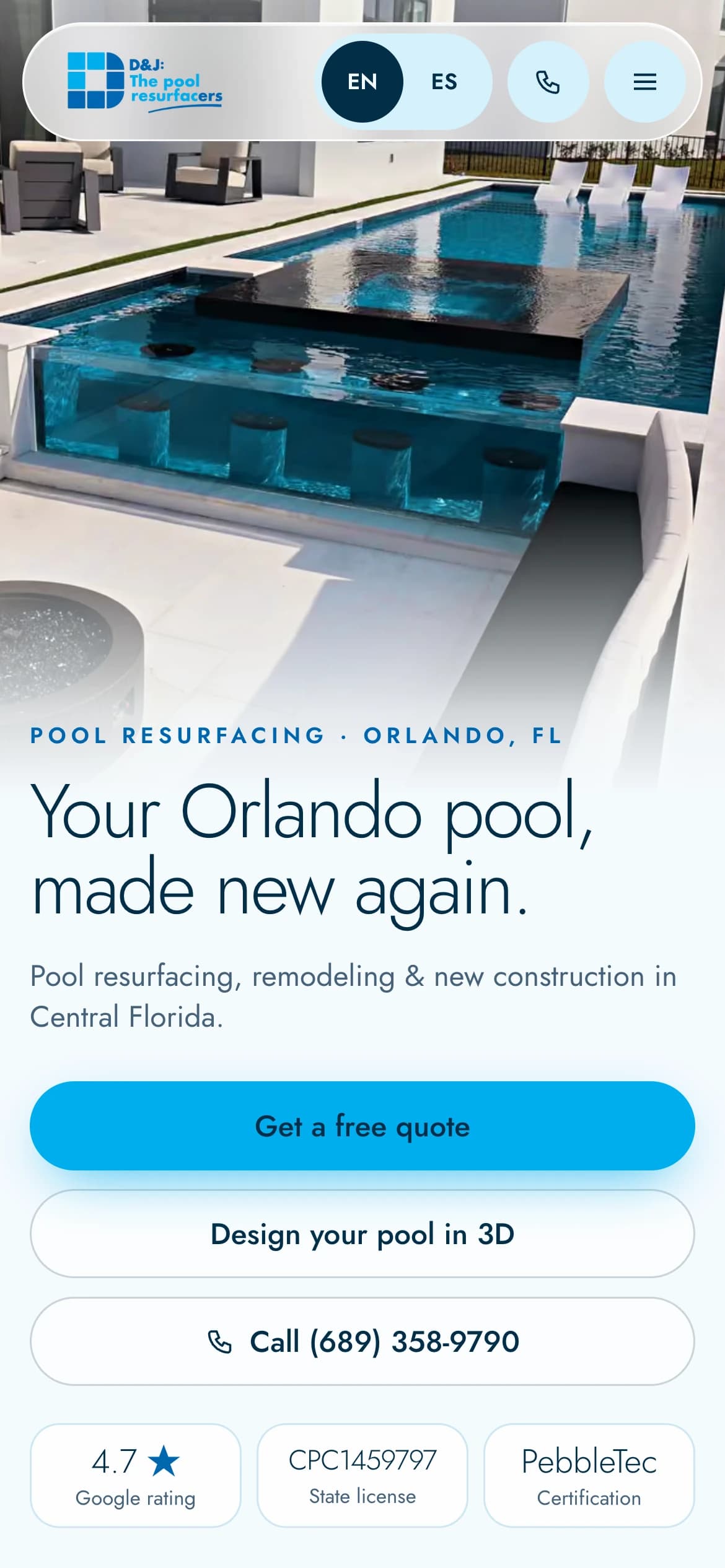 La portada de dandjthepoolresurfacers.com en el teléfono