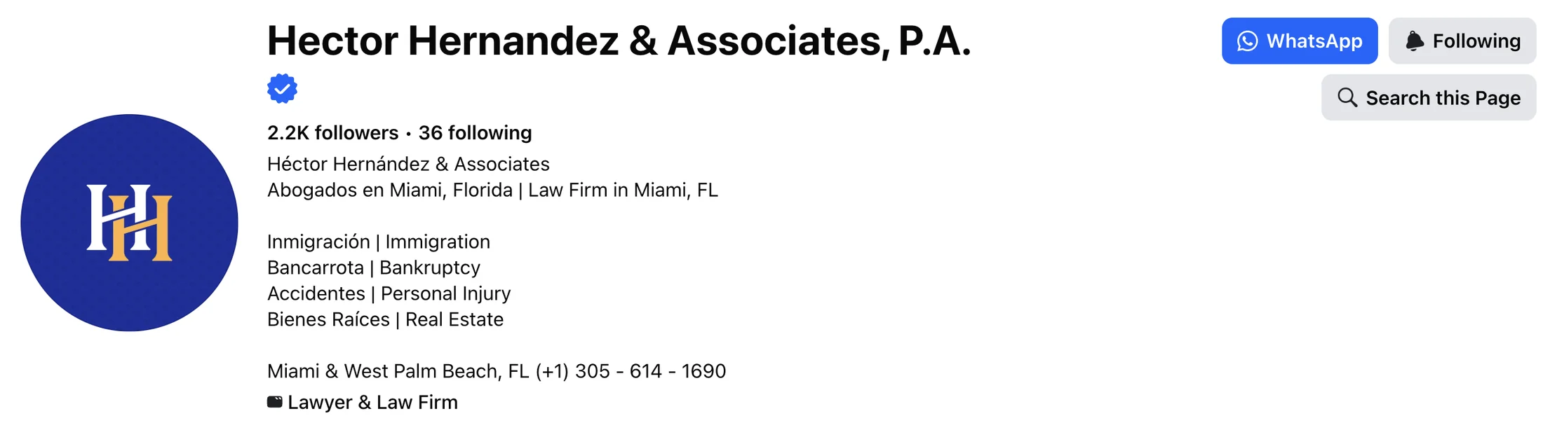 Hector Hernandez & Associates — Su página de Facebook, verificada