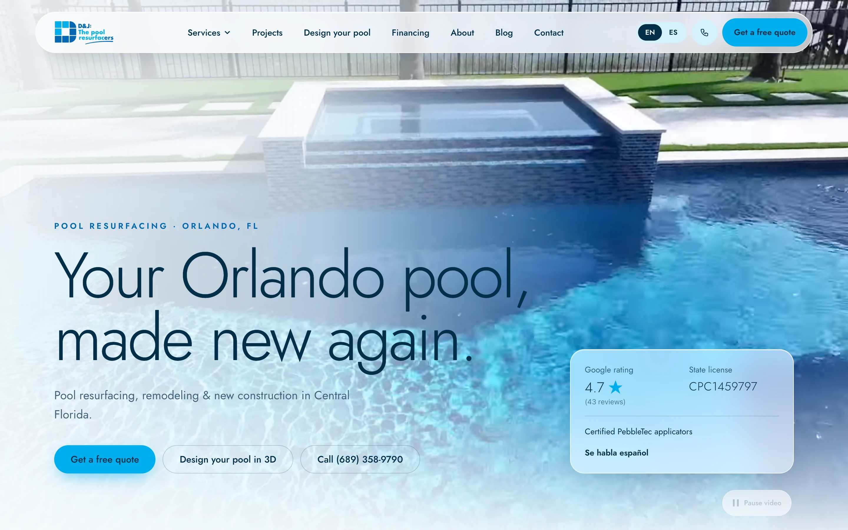 D&J The Pool Resurfacers — web (The dandjthepoolresurfacers.com homepage on desktop)