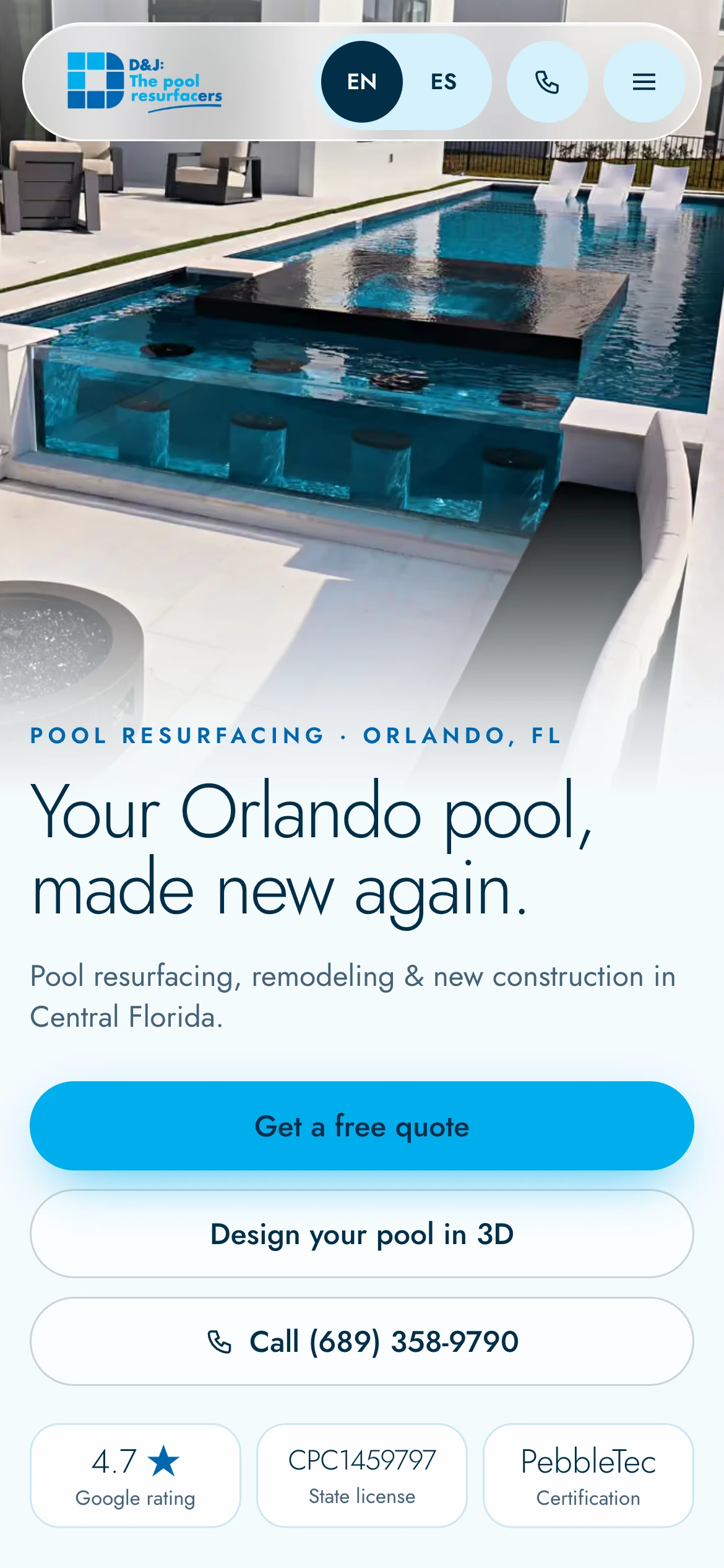 D&J The Pool Resurfacers — web (The homepage on a phone)