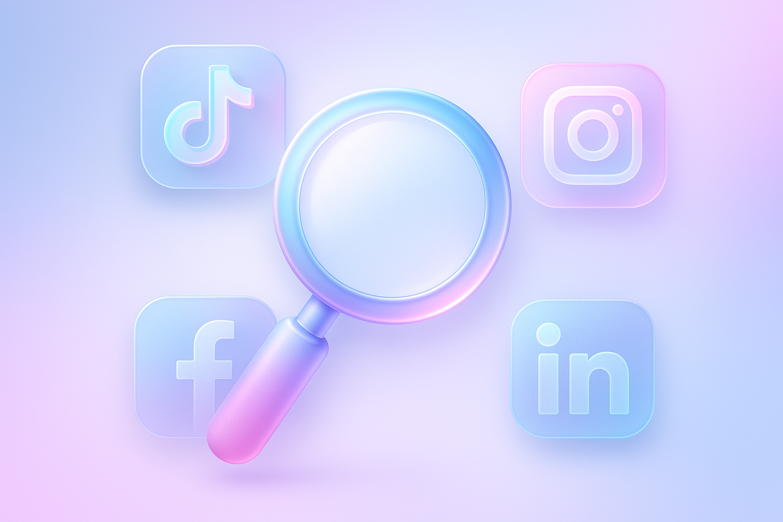 Lupa 3D en estilo glassmorphism, rodeada de íconos de redes sociales como TikTok, Instagram, Facebook y LinkedIn, ilustración conceptual sobre análisis, tendencias y estrategia de marketing digital en redes sociales. Tendencias redes sociales 2025.