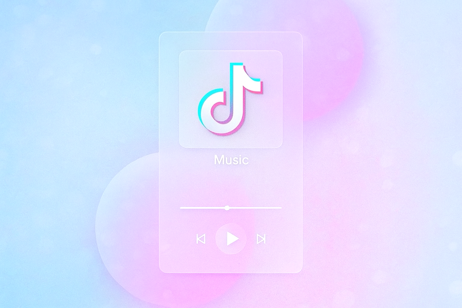 Imagen con un reproductor digital de música en estilo glasmorphism, con el logo de TikTok en el centro. Representa sonidos virales, canciones populares y tendencias actuales en TikTok, sobre un fondo suave en tonos pastel rosa y azul.