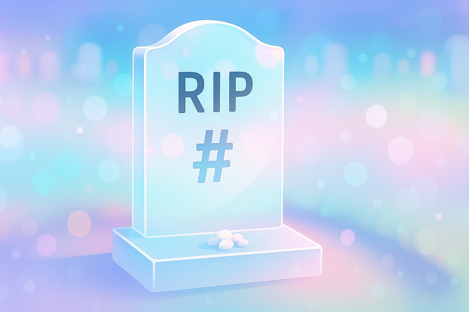 Imagen conceptual que muestra una lápida con la palabra “RIP” y un símbolo de hashtag (#), representando el declive del uso de hashtags en plataformas sociales como Instagram o X (antes Twitter). Fondo desenfocado en tonos pastel que transmite una sensación nostálgica, ideal para artículos sobre tendencias digitales, cambios en algoritmos o estrategias de visibilidad en redes.