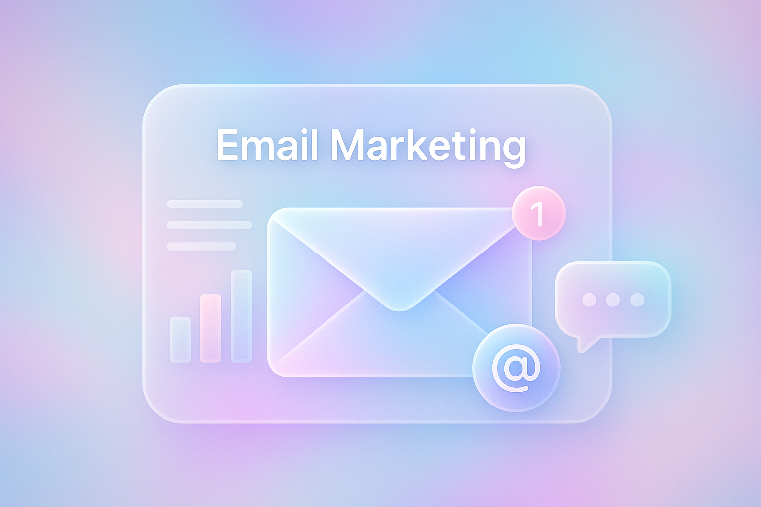 Imagen conceptual sobre email marketing, con elementos visuales como un sobre de correo, gráfico de rendimiento, notificación de mensaje y burbuja de chat, todo en un diseño moderno y colorido de estilo glasmorphism. Ideal para contenidos relacionados con campañas de correo, automatización de marketing, conversión y comunicación digital efectiva.